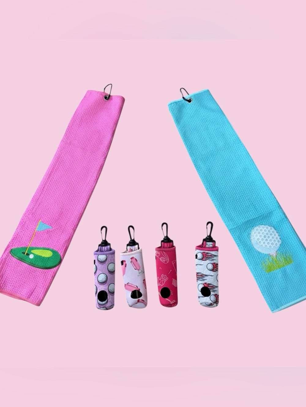 ⛳Coquette Golf Towels (2) w Carabiners & Ball Holders (4)🎀Pink & Blue🎀So Fun!